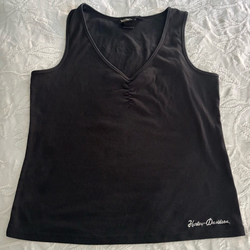 Harley Davidson Vintage Black Ribbed V-Neck Sleeveless Tank Top Embellished 2X